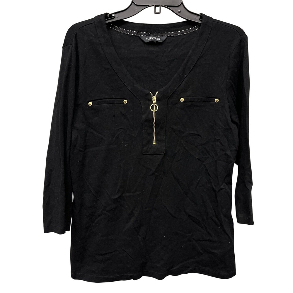 Ellen Tracy Womens Black 3/4 Sleeve V-Neck Zip Top